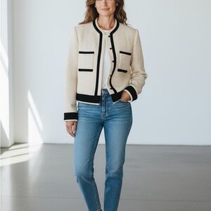 Korean Cropped Cream Bouclé Blazer with Black Trim Wool Mojo S Phine